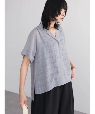 Green Parks シアーチェック開襟ブラウス Grayish Blue