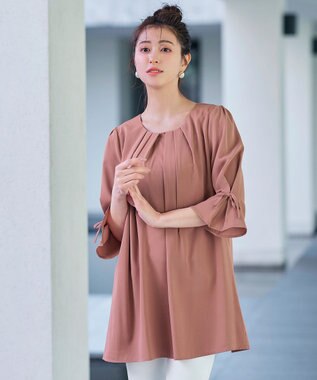 Tiaclasse L 【洗える】リボン付きタックスリーブチュニックブラウス ピンク