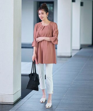 Tiaclasse L 【洗える】リボン付きタックスリーブチュニックブラウス ピンク