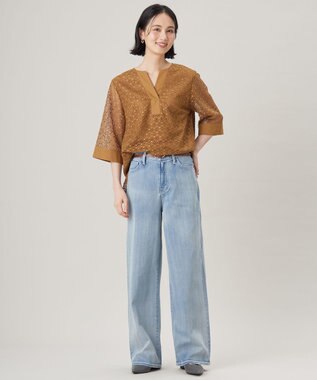 自由区 S 【洗える】ジオメトリックフラワーレースプルオーバー ブラウス モカ