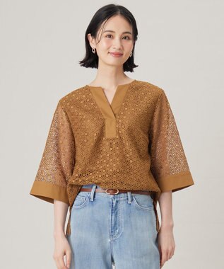 【洗える】ジオメトリックフラワーレースプルオーバー ブラウス