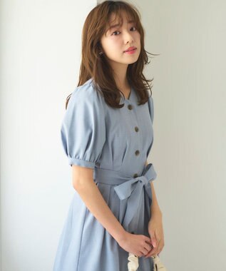 Feroux 【洗える】パフスリーブシャツ ワンピース スカイブルー系