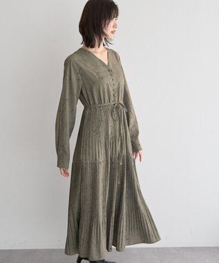 YECCA VECCA ラインボタニカル柄プリーツワンピース