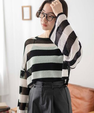 WEGO ショートメッシュニットプルオーバー ブラックボーダー