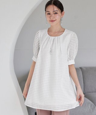 Tiaclasse 【洗える】シアーチェックパフスリーブチュニックブラウス オフホワイト