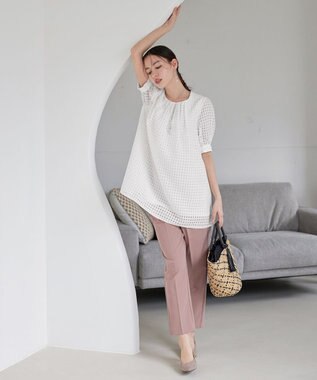 Tiaclasse 【洗える】シアーチェックパフスリーブチュニックブラウス オフホワイト