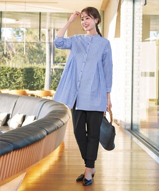 Tiaclasse 【新色追加・洗える】バンドカラーシャツチュニックブラウス サックスストライプ