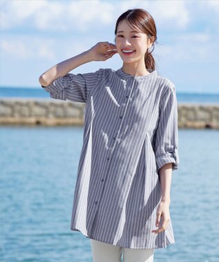 Tiaclasse 【新色追加・洗える】バンドカラーシャツチュニックブラウス ネイビーストライプ