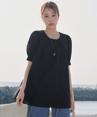 Tiaclasse 【洗える】シアーチェックパフスリーブチュニックブラウス ブラック