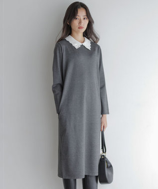 レースライク襟付きニットワンピース