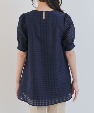 Tiaclasse 【洗える】シアーチェックパフスリーブチュニックブラウス ネイビー