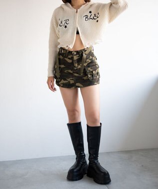 WEGO 刺繍ダメージニットWZIPパーカー ホワイト