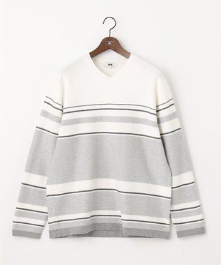 JOSEPH ABBOUD 【キングサイズ・滑らかな肌触り】パネルボーダーVネックニット ライトグレー系2
