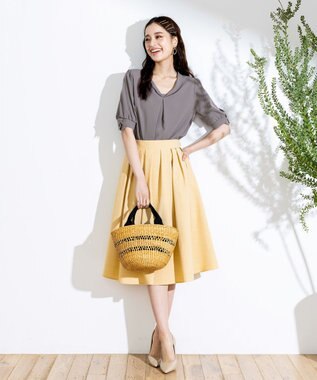 Tiaclasse 【洗える】体型カバーも叶う麻調フレアタックスカート イエロー