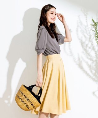 Tiaclasse 【洗える】体型カバーも叶う麻調フレアタックスカート イエロー