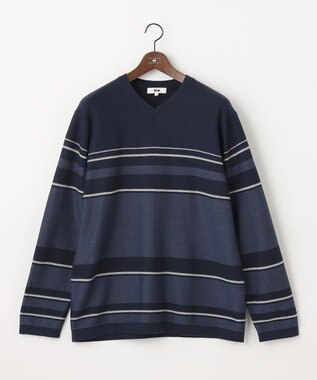 JOSEPH ABBOUD 【キングサイズ・滑らかな肌触り】パネルボーダーVネックニット ネイビー系2