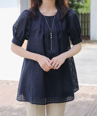Tiaclasse 【洗える】シアーチェックパフスリーブチュニックブラウス ネイビー