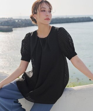 Tiaclasse 【洗える】シアーチェックパフスリーブチュニックブラウス ブラック