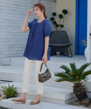 Tiaclasse 【洗える】シアーチェックパフスリーブチュニックブラウス ブルー