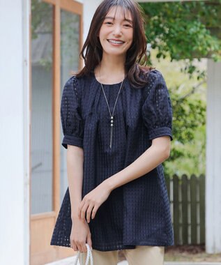 Tiaclasse 【洗える】シアーチェックパフスリーブチュニックブラウス ネイビー