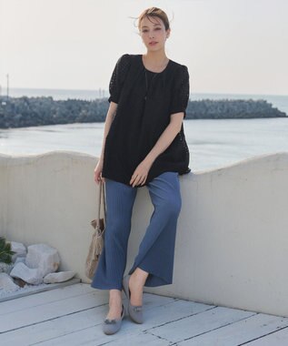 Tiaclasse 【洗える】シアーチェックパフスリーブチュニックブラウス ブラック