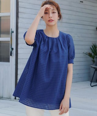 Tiaclasse 【洗える】シアーチェックパフスリーブチュニックブラウス ブルー
