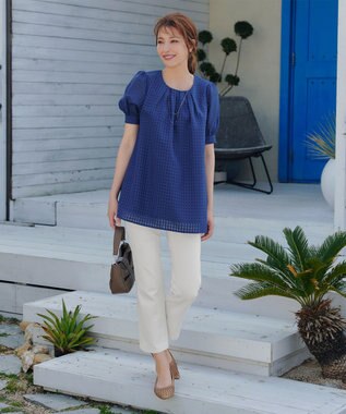 Tiaclasse 【洗える】シアーチェックパフスリーブチュニックブラウス ブルー