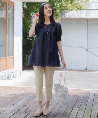 Tiaclasse 【洗える】シアーチェックパフスリーブチュニックブラウス ネイビー