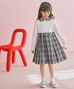 組曲 KIDS 【150-160㎝】チェックタフタドッキング ワンピース モノトーン系