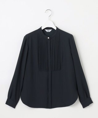 J.PRESS LADIES 【洗える】ヌーディスバックサテン バンドカラー ブラウス ネイビー系