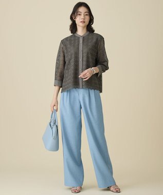 自由区 【セットアップ対応・楽チンキレイ見え】ソフトリネンダンガリーワイド パンツ サックス