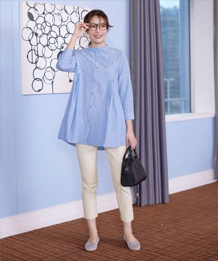 Tiaclasse 【新色追加・洗える】バンドカラーシャツチュニックブラウス サックスストライプ