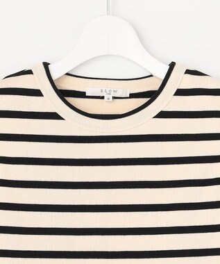 23区 S 【SLOW/洗える】ミドルフライスジャージー ノースリーブ カットソー オフ×ブラックボーダー