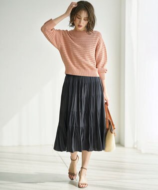 組曲 L ギャザーライトデシン ティアードスカート ブラック系