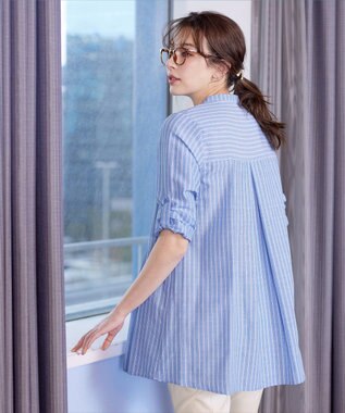 Tiaclasse 【新色追加・洗える】バンドカラーシャツチュニックブラウス サックスストライプ