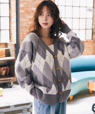 earth music&ecology ループ編みアーガイルカーディガン Gray