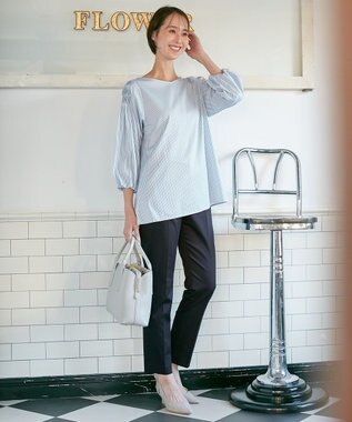 自由区 【XSサイズ～/洗える】ストレッチシャーティング ブラウス スカイブルー系1