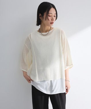 Green Parks 七分袖コットンメッシュラグラントップス Orange