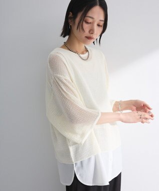 Green Parks 七分袖コットンメッシュラグラントップス Orange