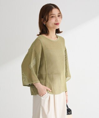 Green Parks 七分袖コットンメッシュラグラントップス Orange