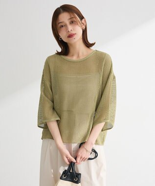 Green Parks 七分袖コットンメッシュラグラントップス Orange