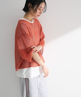 Green Parks 七分袖コットンメッシュラグラントップス Orange