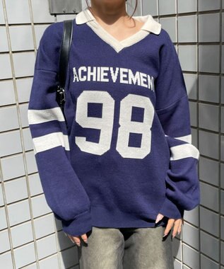 WEGO ナンバリングジャガードニット ネイビー