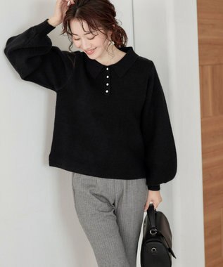 Tiaclasse L 【洗える】衿付きパフ袖ニット ブラック