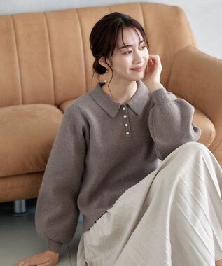 Tiaclasse 【洗える】衿付きパフ袖ニット モカ