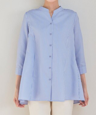 Tiaclasse L 【洗える】バックタックフレアチュニック サックスストライプ