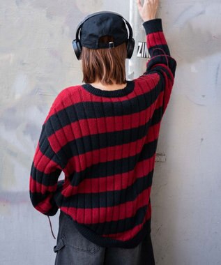 WEGO ボーダーワイドリブダメージニット レッド