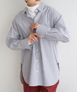 UNFILO 【抗菌防臭】イージーケア オーバー シャツ ネイビーストライプ