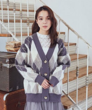 earth music&ecology ループ編みアーガイルカーディガン Gray