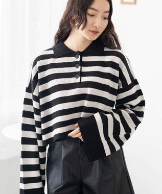 WEGO ボーダーニットポロ ブラックボーダー